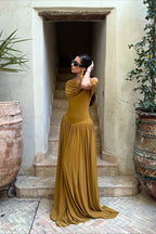 Draped Off Shoulder Drop Waist Maxi Dress