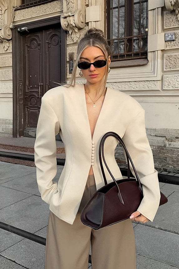 Chic Beige Structured V-Neck Coat Secondary image