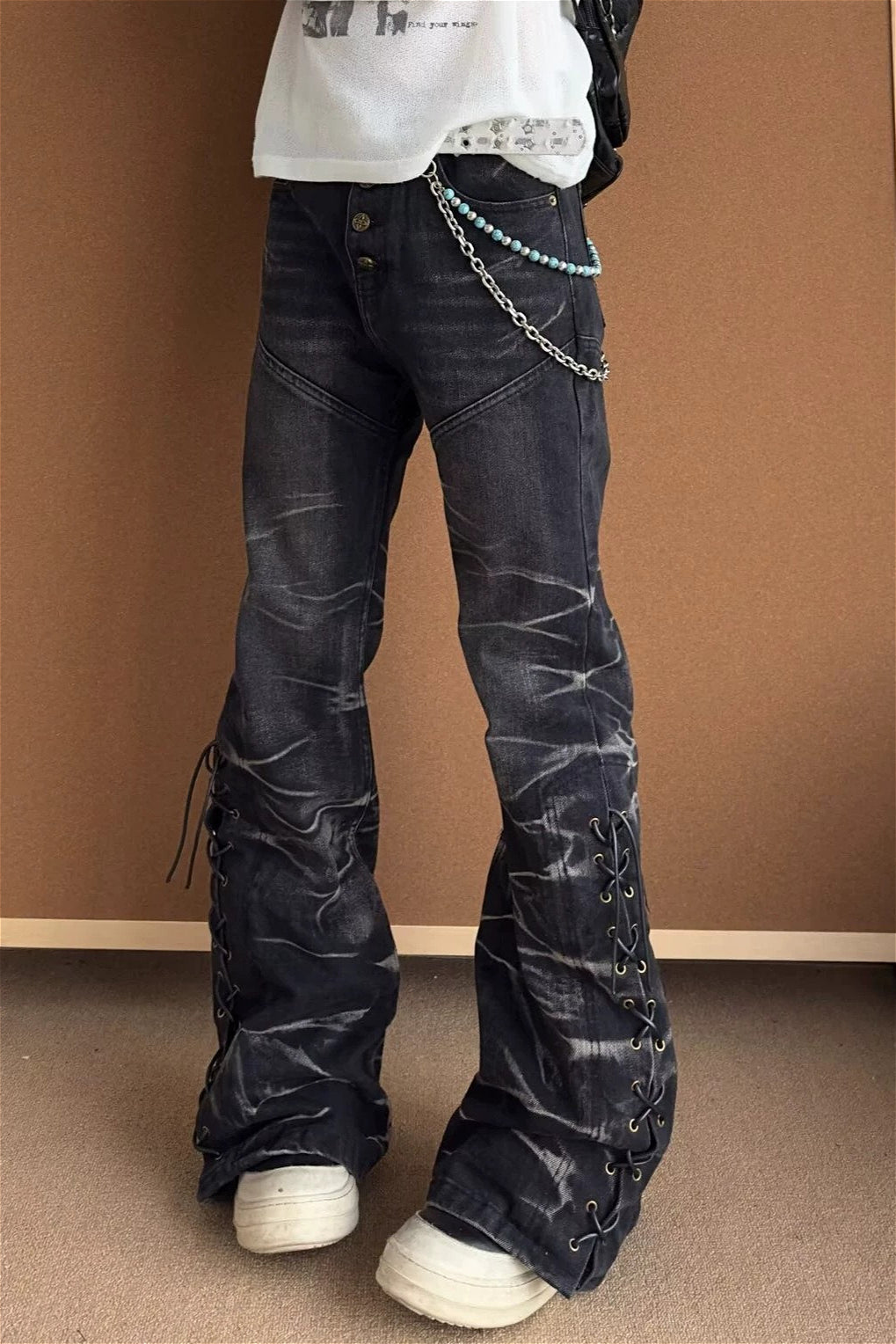Lightning Graphic Washed Stacked Flare Jeans
