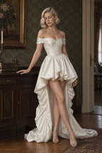 Satin Off Shoulder High Low Reception Dress