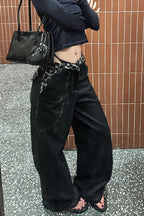 Leopard Waist Washed Wide Leg Jeans