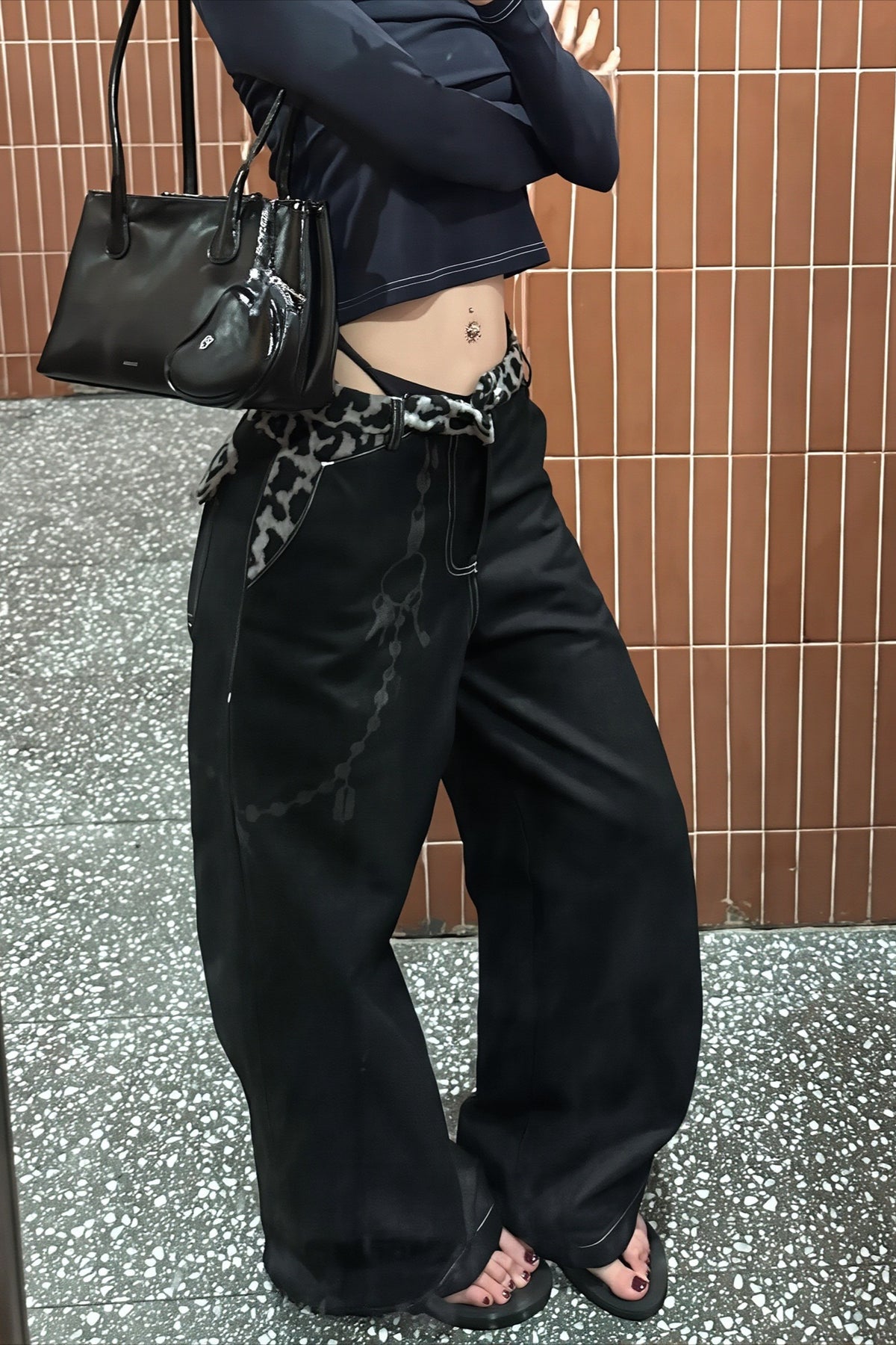 Leopard Waist Washed Wide Leg Jeans