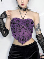 Gothic  Irregular Bandeau Halterneck Flocked Backless Crop Top