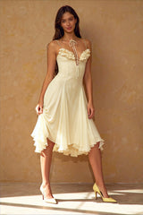 Deep V 3D Floral Sheer Midi Party Dress