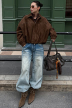 Light Wash Whisker Fleece Lined Wide Leg Loose Jeans