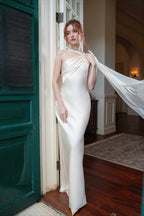 One Shoulder Cape Satin Split Maxi Dress