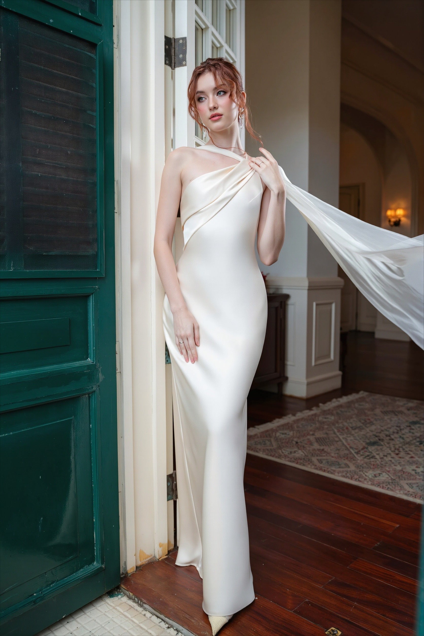 One Shoulder Cape Satin Split Maxi Dress