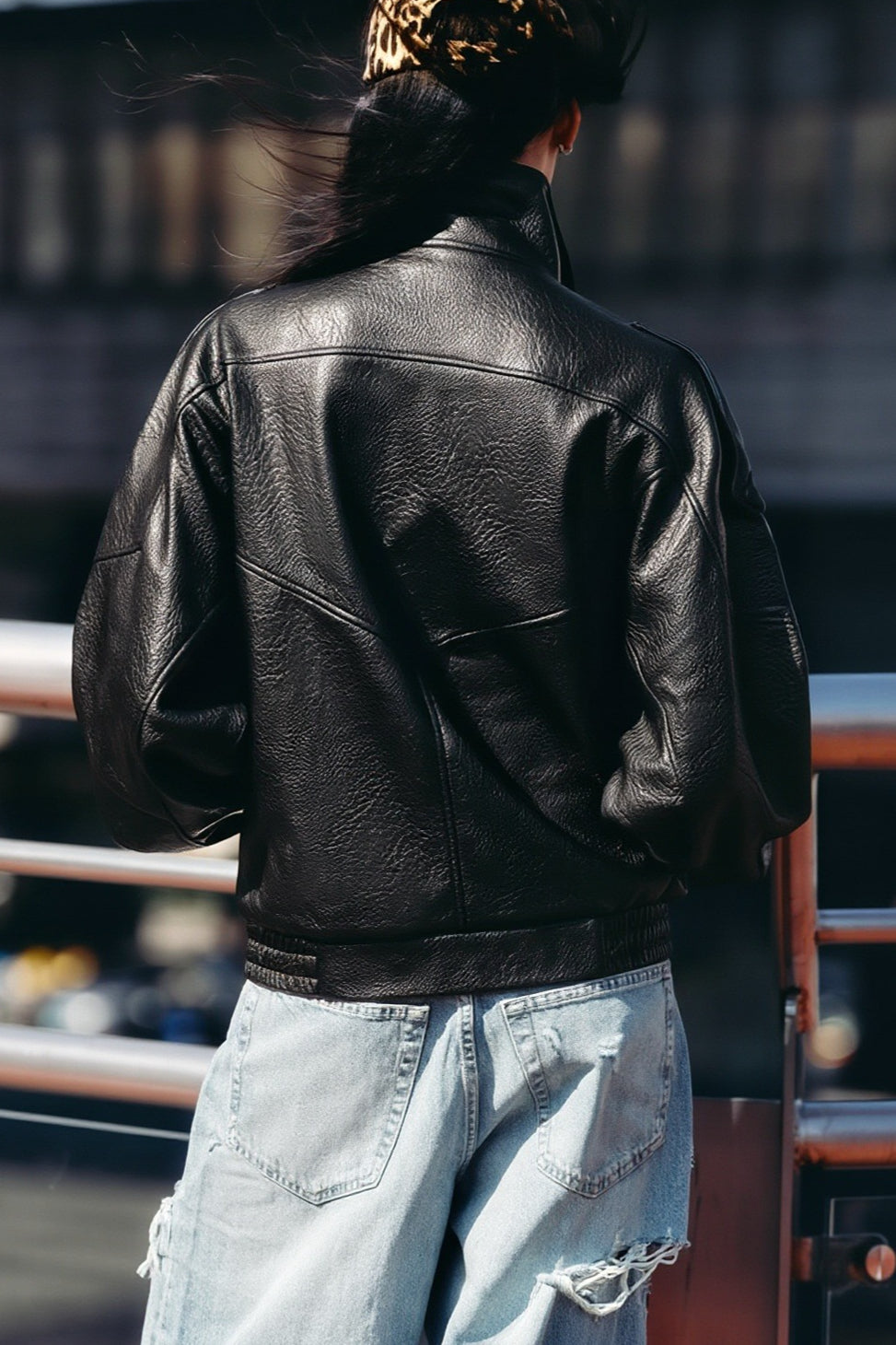 Asymmetric Front Grained Faux Leather Bomber Coat