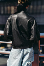 Asymmetric Front Grained Faux Leather Bomber Coat