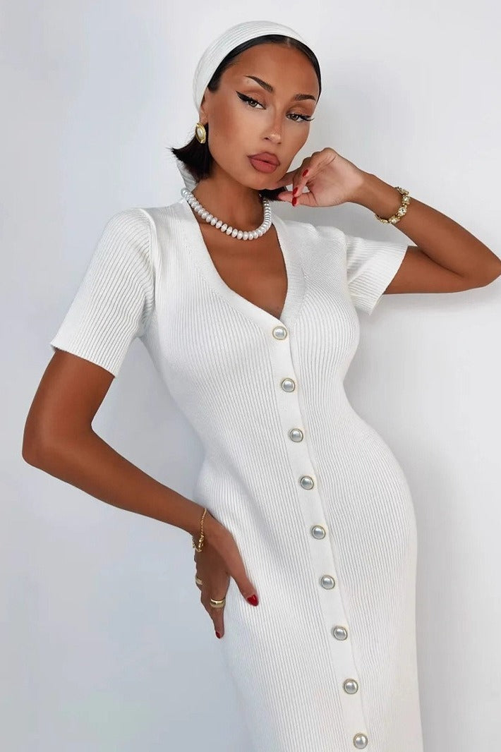 Waist Cinched V Neck Single Breasted Short Sleeve Knit Maxi Sweater Dress Main image