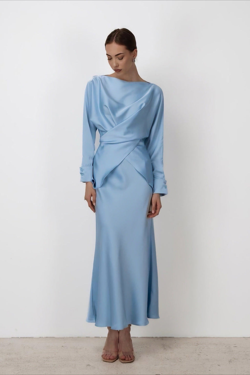 Solid Satin Cinched Waist Skirt Set