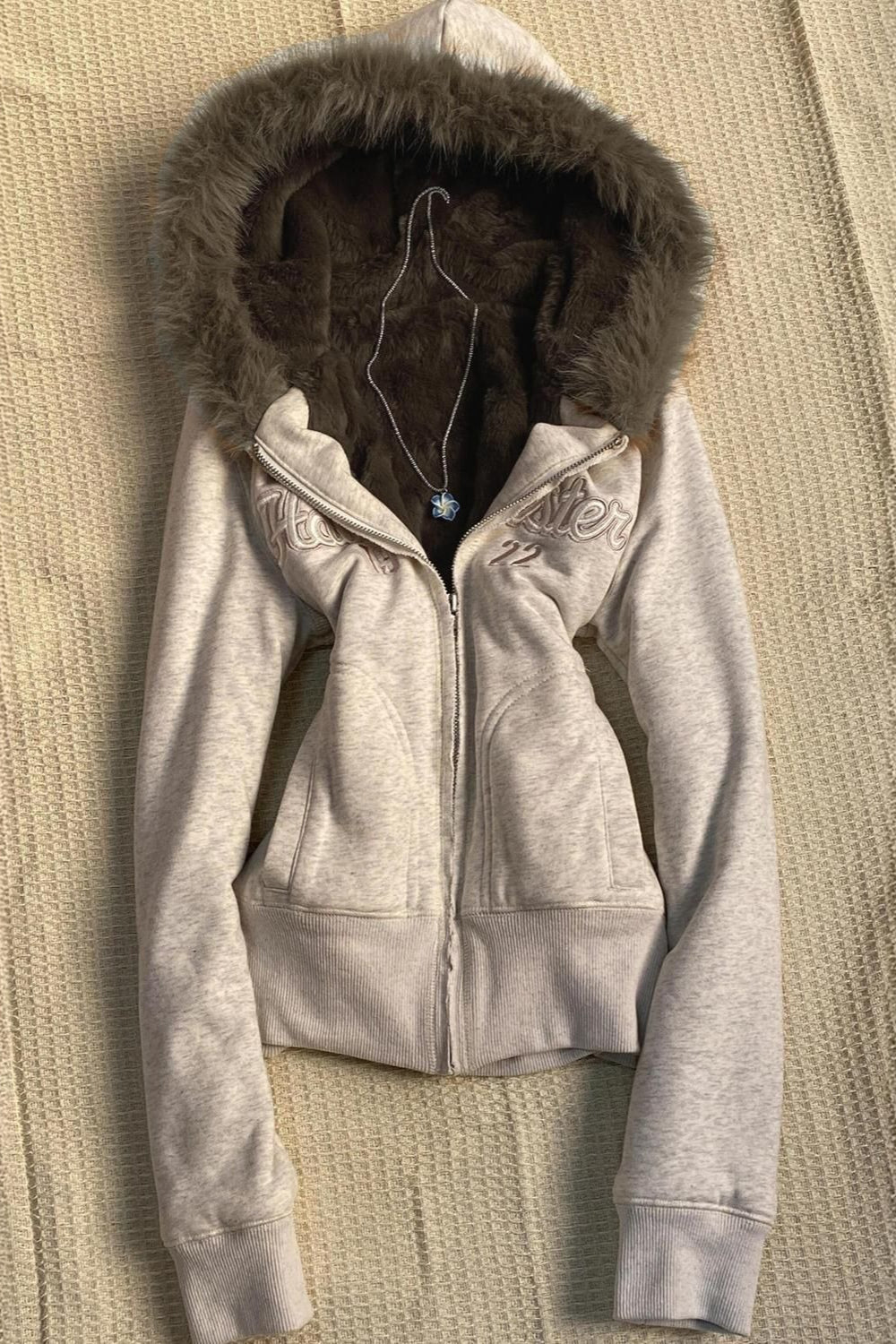 Embroidered Fur Trim Cropped Zip Hoodie Main image