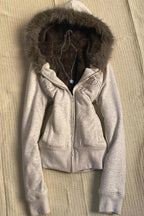 Embroidered Fur Trim Cropped Zip Hoodie