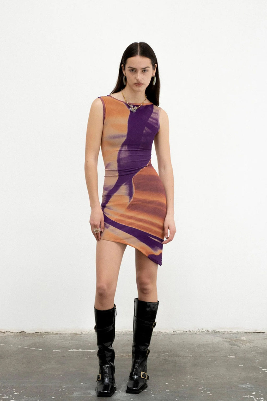 Abstract Watercolor Asymmetric Hem Mini Dress