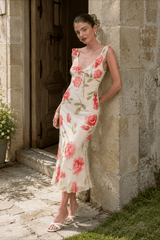 Open Back Pearl Bow Fitted Floral Dress