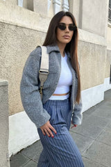 Cropped Boucle Zip Front Jacket