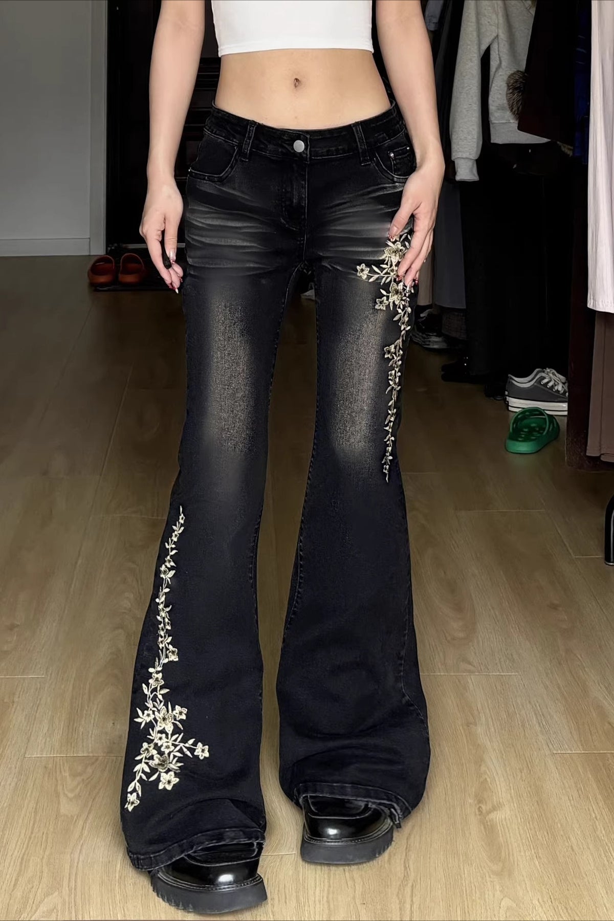 Floral Embroidered Low Rise Black Flare Jeans Main image