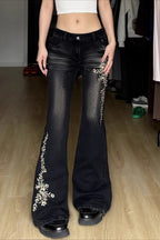Floral Embroidered Low Rise Black Flare Jeans