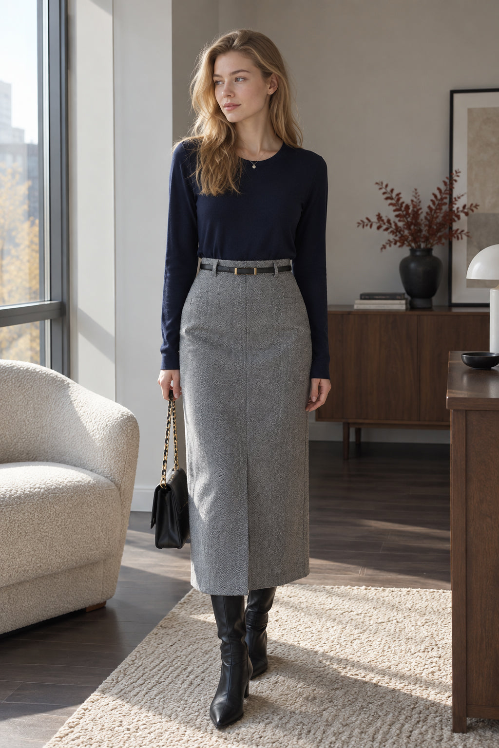 Elegant Striped Faux Wool Belted Casual High Waist A-Line Skirt