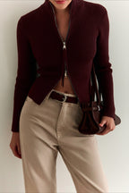 Ribbed Stand Collar Zip Front Fitted Sweater