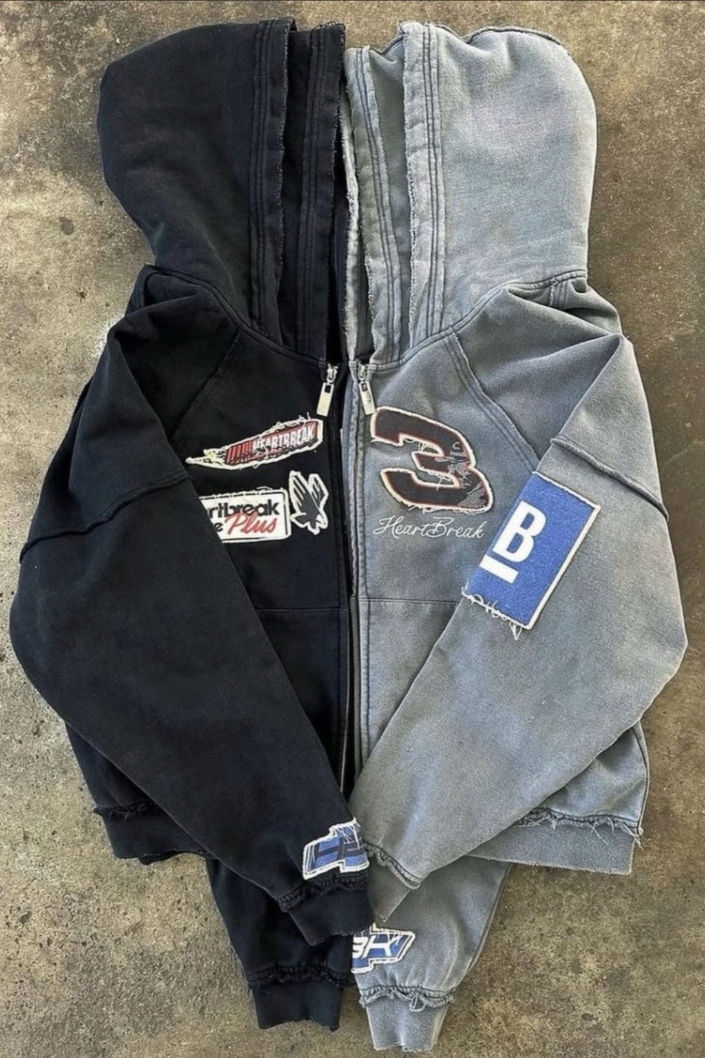 Double Hood Patchwork Graphic Zip Hoodie
