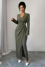 Solid V-Neck Ruched Waist Slit Buckle Work Dress