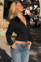 Fitted Fur Trim Cropped Zip Hoodie