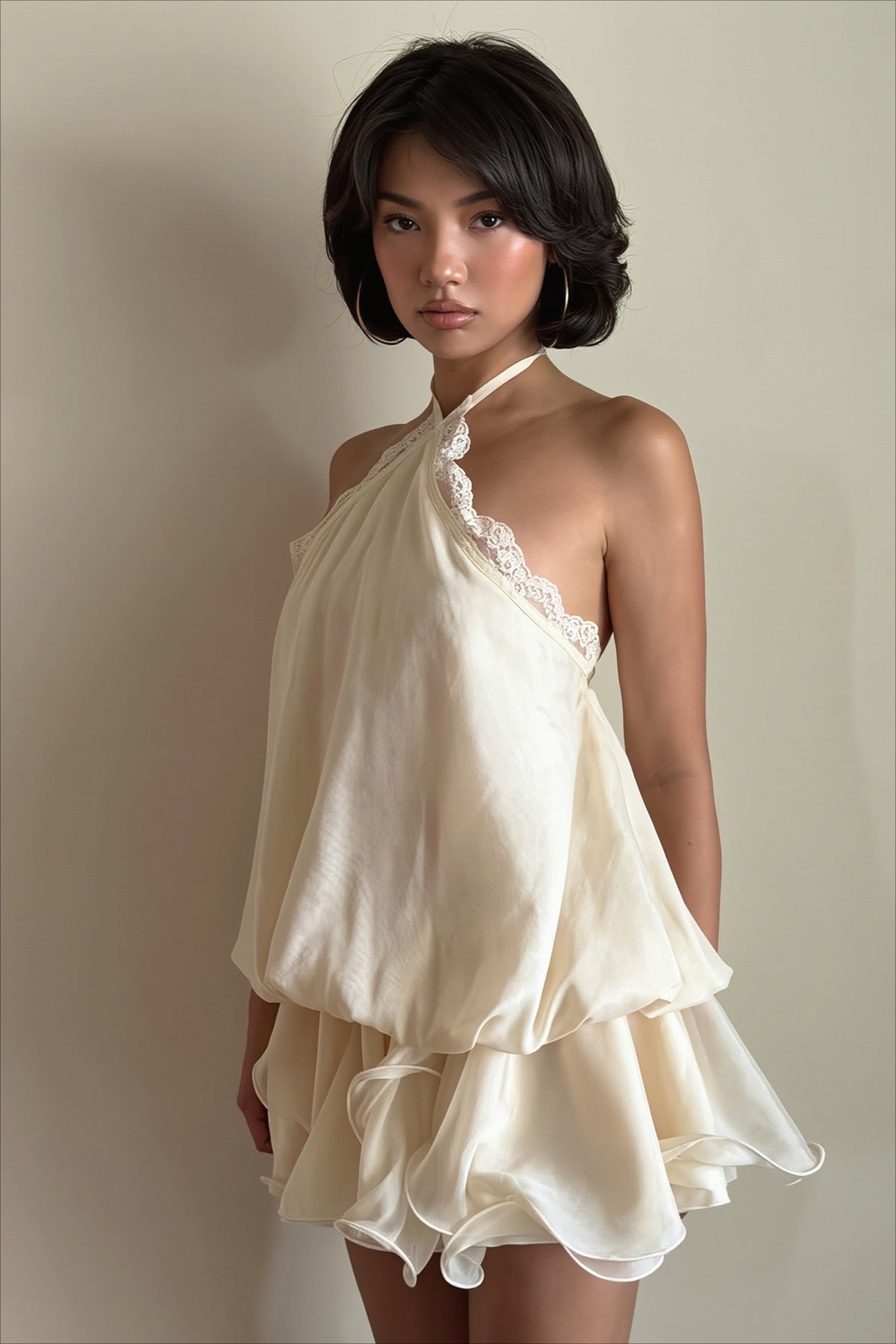 Lace Trim Halter Bubble Mini Dress