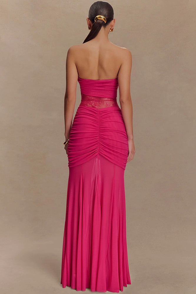 Lace Strapless Ruching Hollow Slim Long Lace Dress