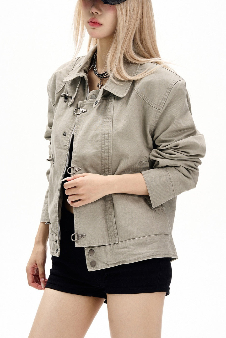 Washed Toggle Front High Collar Utility Jacket