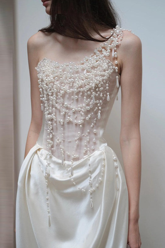 French Strapless Satin Pearl Prom Dress Main image