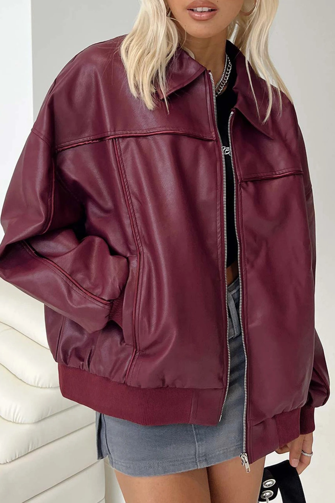 Lapel Collar Faux Leather Motorcycle Jacket Main image
