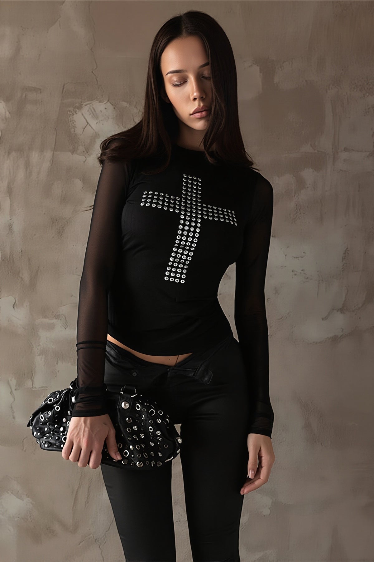 Rhinestone Cross Sheer Long Sleeve T-Shirt