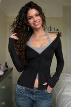 Layered Halter Contrast Slim Long Sleeve T-shirts