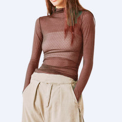 Mock Neck Mesh Long Sleeve Retro See Through Sheer Top