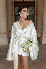 Sexy Loose Tie-Waist Long-Sleeve Satin Mini Silk Dress