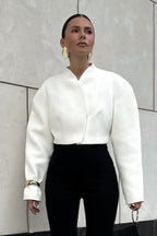 Chic White Boucle Cropped V Neck Coat