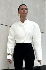 Chic White Boucle Cropped V Neck Coat