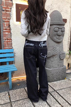 Letter Embroidery Straight Leg Jeans
