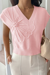 Deep V Solid Knit Short Sleeve Sweater