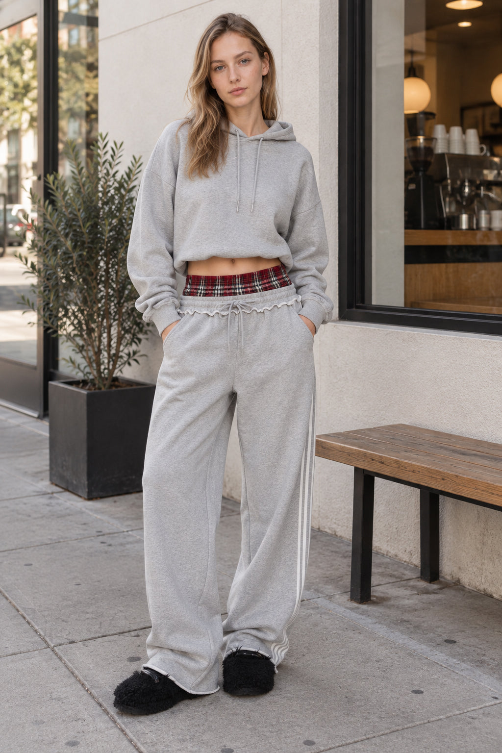 Stripe Plaid Panel Double Waist Wide Leg Pants Secondary image