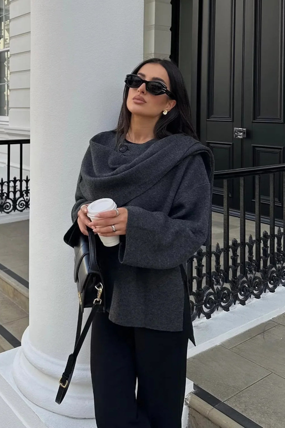Cropped Knit Asymmetric Scarf Collar Coat Main image