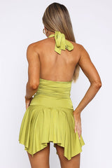 V-Neck Halter Pleated Mini Birthday Dress