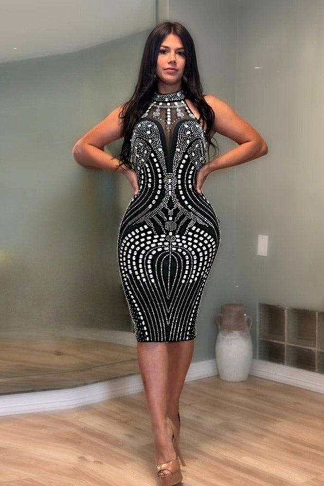 Backless Sleeveless Rhinestone Mesh Milk Silk Cocktail Dress Main image