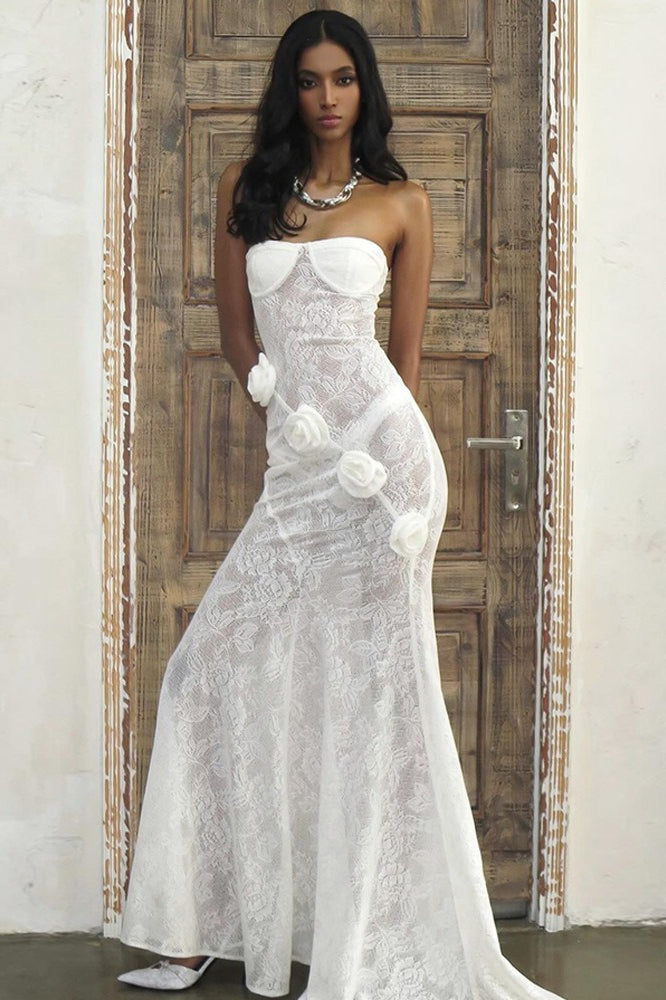 Sheer Lace Strapless Floral Applique Train Lace Dress Main image