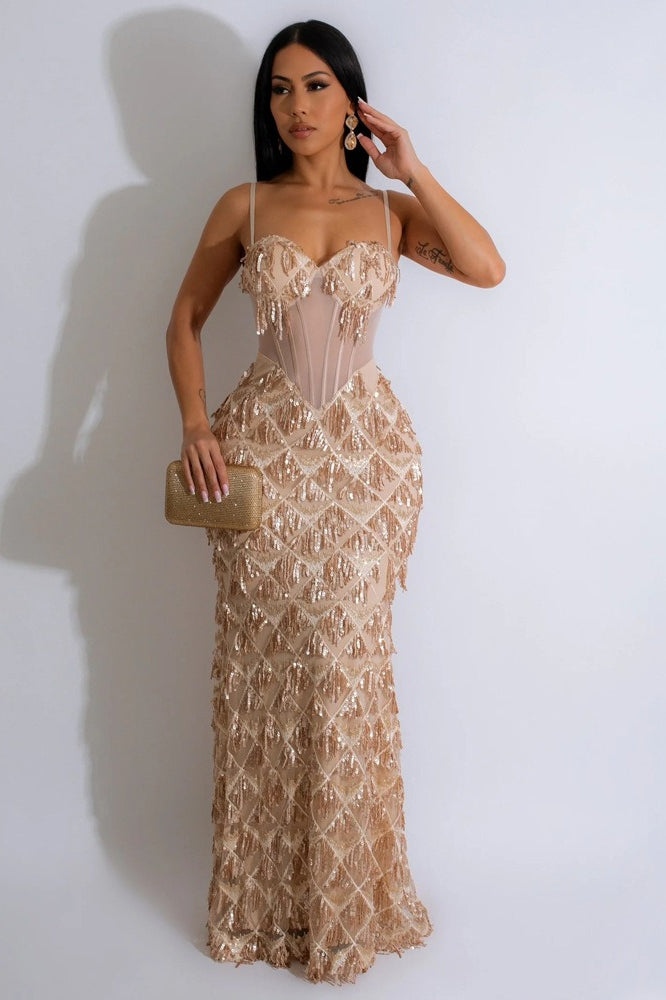 Elegant Spaghetti Strap A-Line Bodycon Maxi Sequin Dress Main image