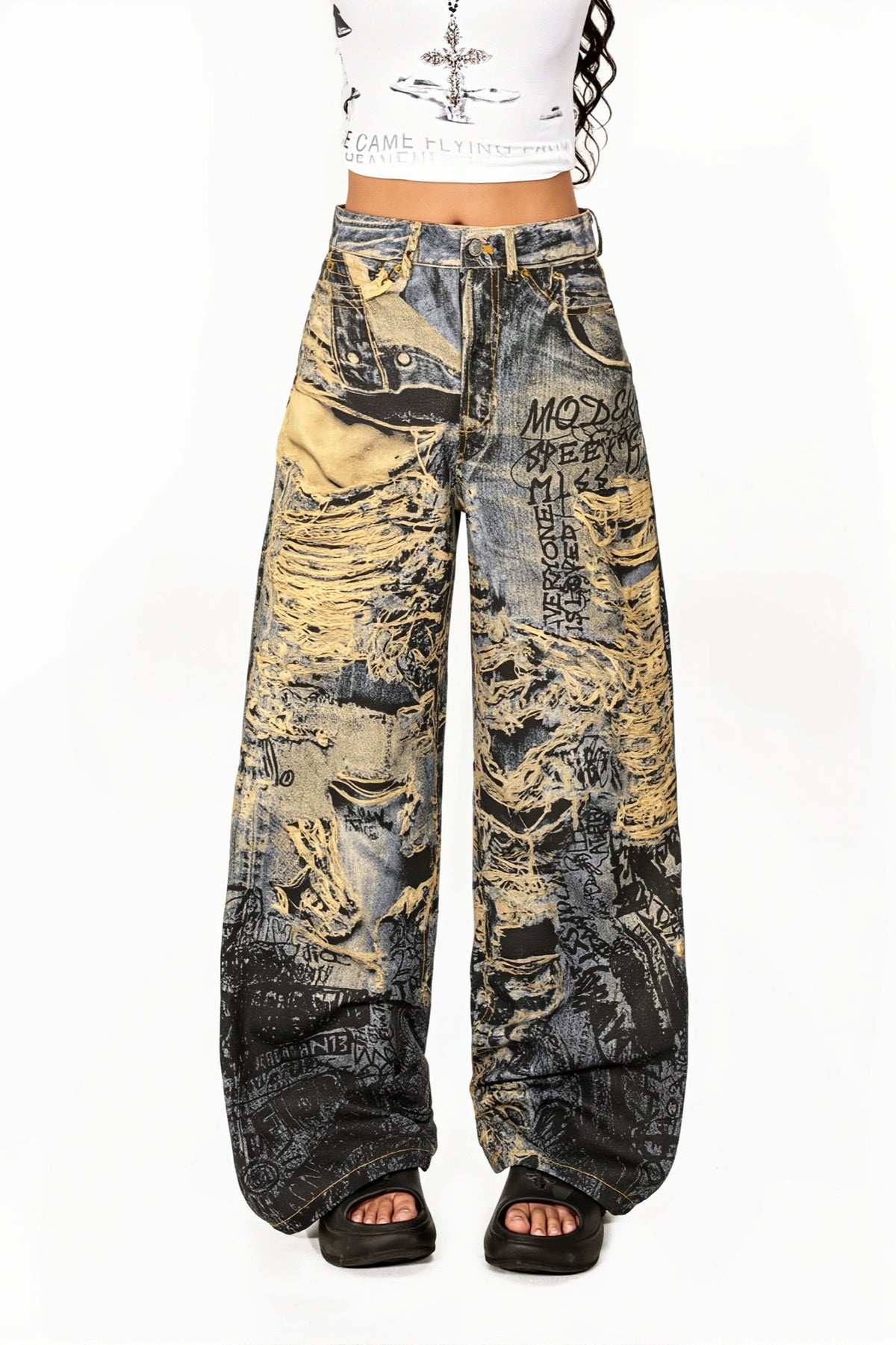 Graffiti Print Distressed Wide Leg Streetwear Jeans