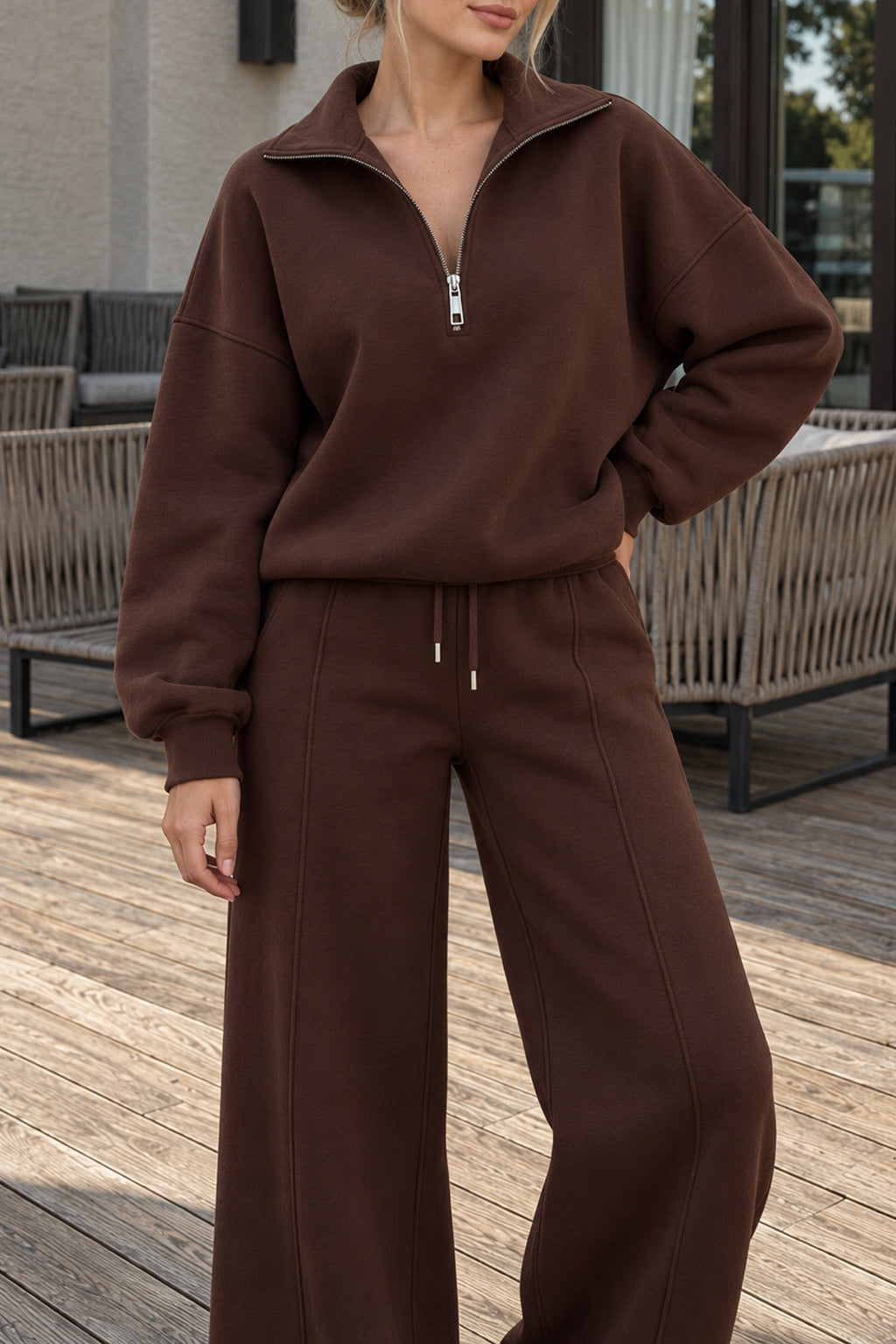 Half Zip Sweatshirt Wide Leg Pants Set