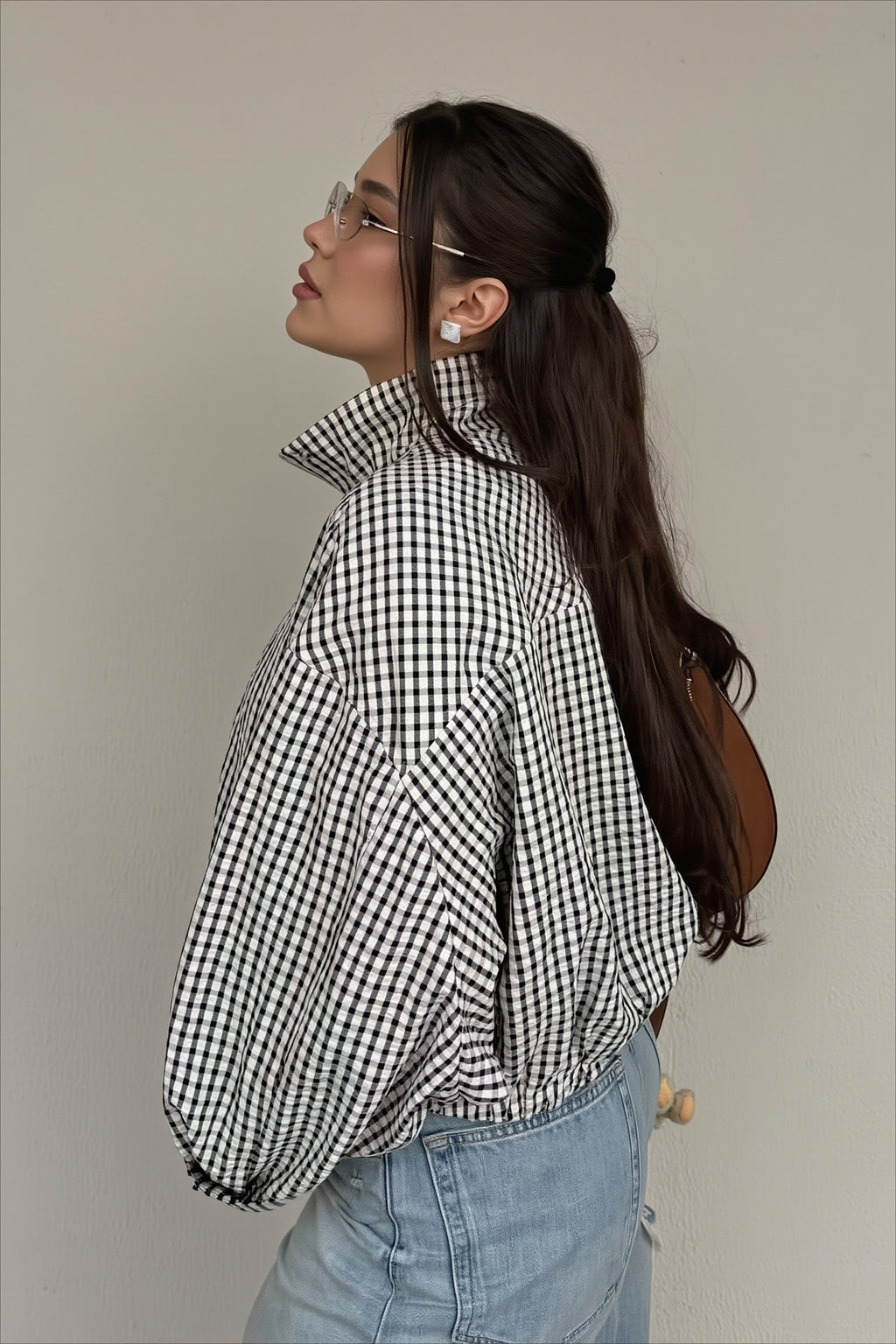 Gingham High Collar Relaxed Zip Jacket
