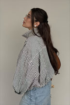 Gingham High Collar Relaxed Zip Jacket